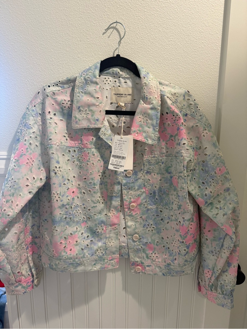 Girls' Pastel Floral Eyelet Denim Jacket - Pink & Blue